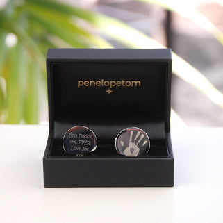 Round Silver Cufflinks, left one with handprint engraved and right one with "Best Daddy, like, EVER! Love Joe xxx" Engraved, shown in penelopetom black cufflinks gift box.