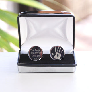 Round Silver Cufflinks, left one with handprint engraved and right one with "Best Daddy, like, EVER! Love Joe xxx" Engraved, shown in silver cufflinks gift box.