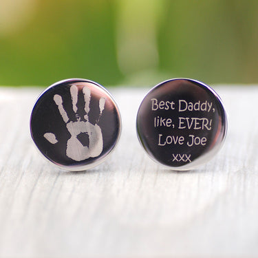 Round Silver Cufflinks, left one with handprint engraved and right one with 