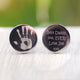 Round Silver Cufflinks, left one with handprint engraved and right one with 