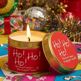 ho ho ho luxury scented candle in a red tin