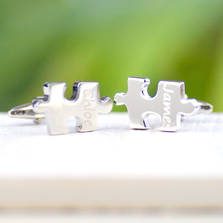 Personalised 'Missing Piece' Jigsaw Cufflinks. Left cufflink with "Chloe" engraved and right with "James" engraved