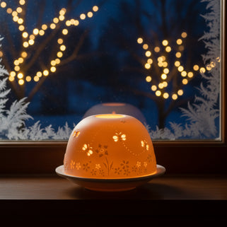 Decorative lantern with floral patterns on a table, illuminated by warm light against a dark background with string lights.