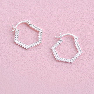 Silver Hexagon Textured Hoops