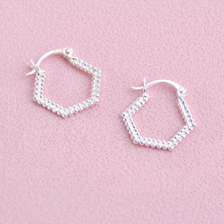 Silver Hexagon Textured Hoops