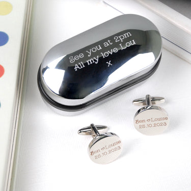 Oval chrome cufflinks box with personalised message 