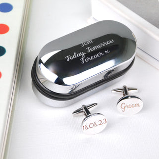 Oval chrome cufflinks box with personalised message "Tom Today, Tomorrow. Forever x" engraved and matching oval cufflinks with "18.08.23" engraved on one and "Groom" engraved on the other cufflink.