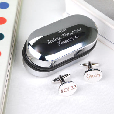 Oval chrome cufflinks box with personalised message 