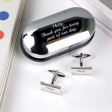 Oval chrome cufflinks box with personalised message 