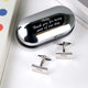 Oval chrome cufflinks box with personalised message 