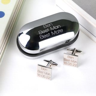 Oval chrome cufflinks box with personalised message "Ben Best Man Best Mate" engraved and matching square cufflinks with "Ben Best Man 16.05.22" engraved on both cufflinks.