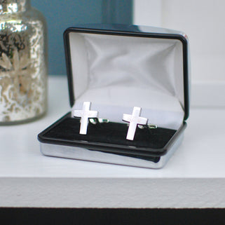 Cross Cufflinks  with "AJSW" engraved in script font on both cufflinks shown in silver chrome rectangle cufflinks box