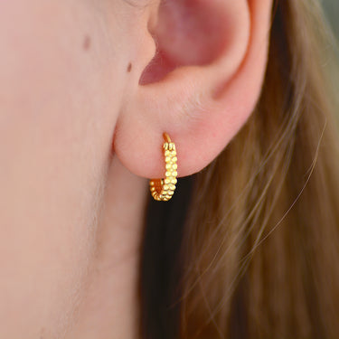 Gold Double Bead Hinged Mini Huggie Hoop Earrings