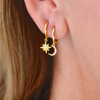 Gold Cz Moon and Star Huggie Hoop Earrings