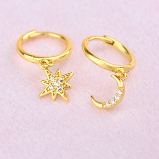 Gold Cz Moon and Star Huggie Hoop Earrings