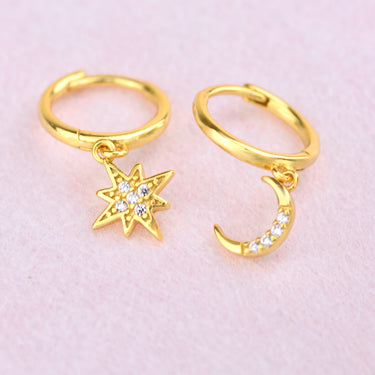 Gold Cz Moon and Star Huggie Hoop Earrings