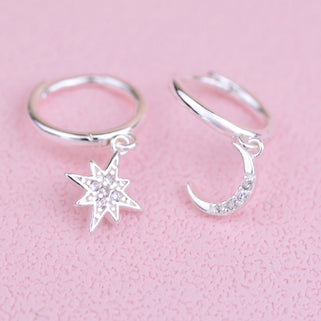 Silver Cz Moon and Star Huggie Hoop Earrings