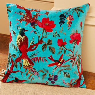 Bird of Paradise Velvet Cushion Turquoise