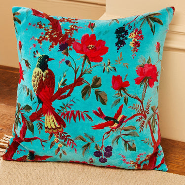 Bird of Paradise Turquoise Velvet Cushion
