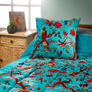 Bird of Paradise Turquoise Velvet Cushion