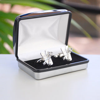 silver ski cufflinks in silver chrome cufflinks box