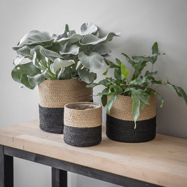 Set of 3 Black and Natural Jute Plant Pots