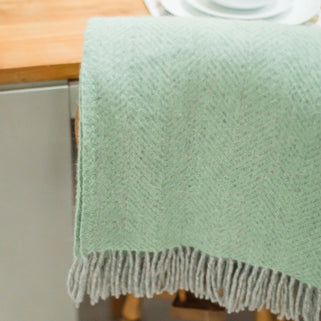 Herringbone Wool Throw Silver Grey and Laurel Green