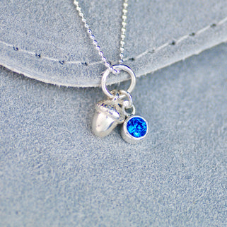  Sterling Silver Acorn and September Sapphire Birthstone Charm Necklace