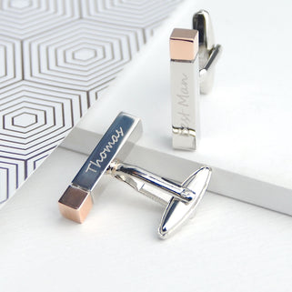 Silver Cuboid Cufflinks with Rose Gold Tips with "Thomas" engraved on the left cufflink and "Best Man" engraved on the right cufflink