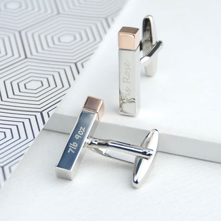 New baby bar cufflinks with baby's weight engraved on the left cufflink and name on the right