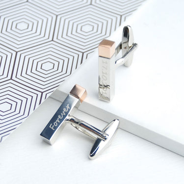 Silver wedding day bar cufflinks with rose gold tips. 