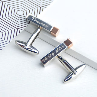 Silver Cuboid Cufflinks with Rose Gold Tips with "Thomas" engraved on the left cufflink and "16 Sep 2018" engraved on the right cufflink
