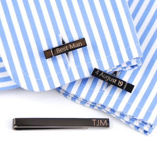 Gunmetal Coloured Tie Slide and Bar Cufflink Set with personalised engraving shown in close up