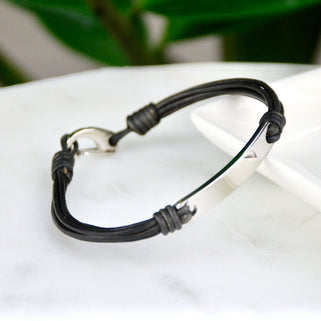 Personalised Men's Leather Cord and Bar Bracelet