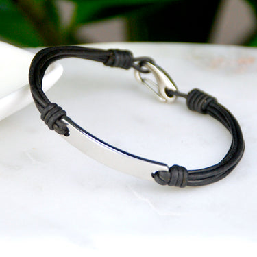 Personalised Men's Leather Cord and Bar Bracelet
