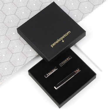 Personalised Gunmetal Coloured Tie Slide and Bar Cufflink Set