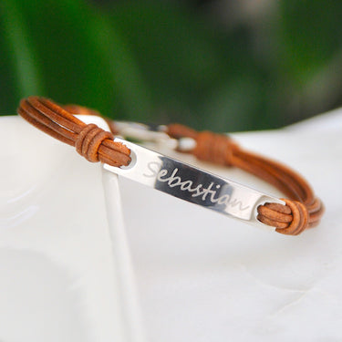 Personalised Men's Leather Cord and Bar Bracelet