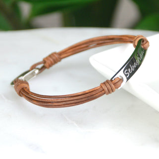 Personalised Men's Leather Cord and Bar Bracelet