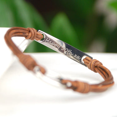 Personalised Men's Leather Cord and Bar Bracelet