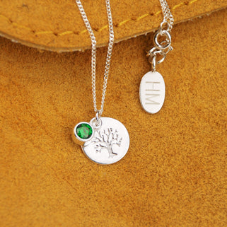 Sterling Silver Tree of Life and May/Emerald Birthstone Necklace with personalised oval disc "HM" 
