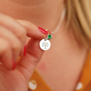 Sterling Silver Tree of Life and May/Emerald Birthstone Necklace Close up shown on model