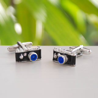 Black and Blue Camera Cufflinks shown in close up shot