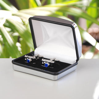 Camera Cufflinks in silver chrome cufflinks box