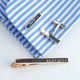 Tie clip and bar cufflink set. Rose gold tie clip with personalised message 