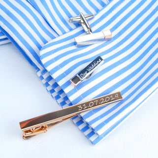 Tie clip and bar cufflink set. Rose gold tie clip with personalised message "31.07.2019" engraved on right side and silver bar cufflinks with rose gold tips with "Our wedding" engraved on the cufflink