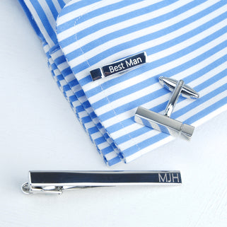 Tie clip and bar cufflink set. Silver tie clip with initials "MJH" engraved on right side and silver bar cufflinks with "Best Man" engraved on the cufflinks