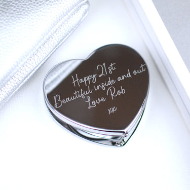 Silver heart compact mirror with personalised message 
