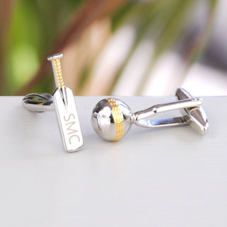 Silver and gold bat and ball cufflinks with personalised initials 