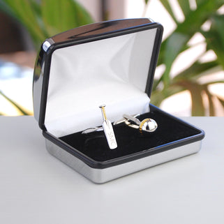 Silver and gold bat and ball cufflinks with personalised initials 