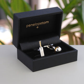 Silver and gold bat and ball cufflinks with personalised initials 
